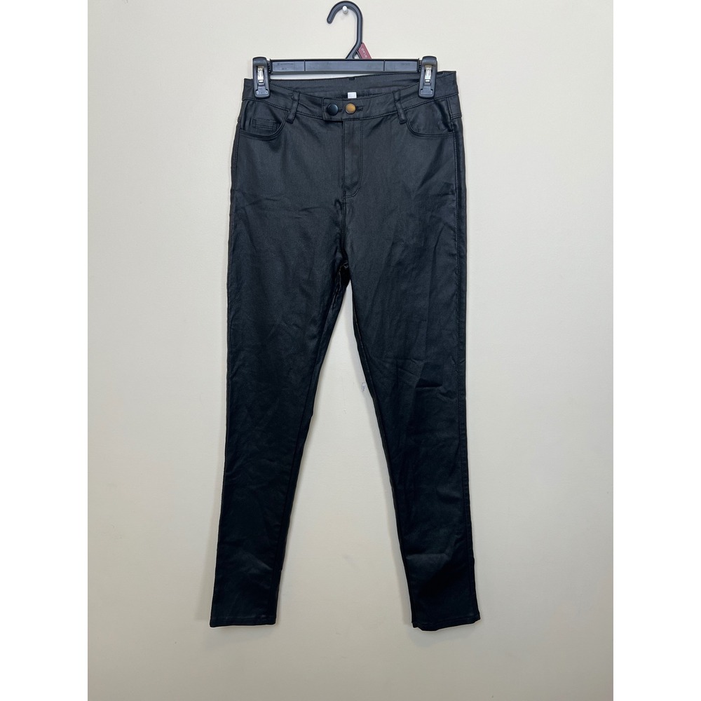 Black Coated Faux Leather High Rise Skinny Pants Double Button Stretch L - Picture 2 of 12